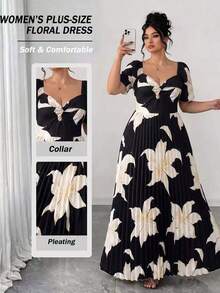 SHEIN Clasi Women's PlusSizeBlack Apricot Lily Pleated ReversibleOff‑ShoulderMaxi Dress. Floralgown For Weddings, Dates, Proms, Parties Ideal For Various Holidays - Black - View 7