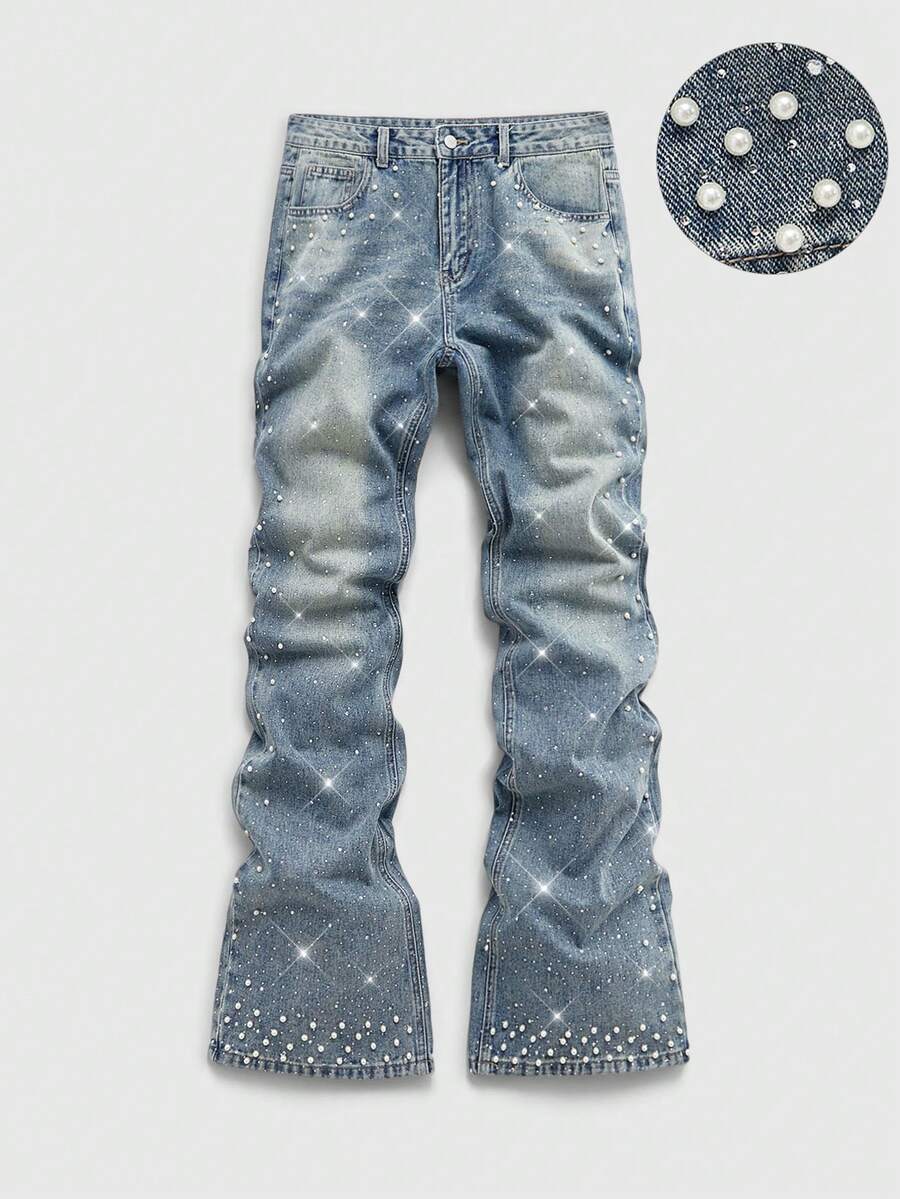 ROMWE MEN Street Life Men's Sparkling Diamond & Pearl Embellished Flared Jeans Spring/Summer - Blue - View 1