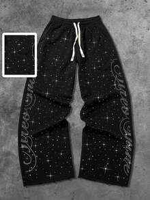 ROMWE MEN Street Life Spring Casual Graphic Streetwear Style Rhinestone English Text Straight Leg Sweatpants - Black - View 3