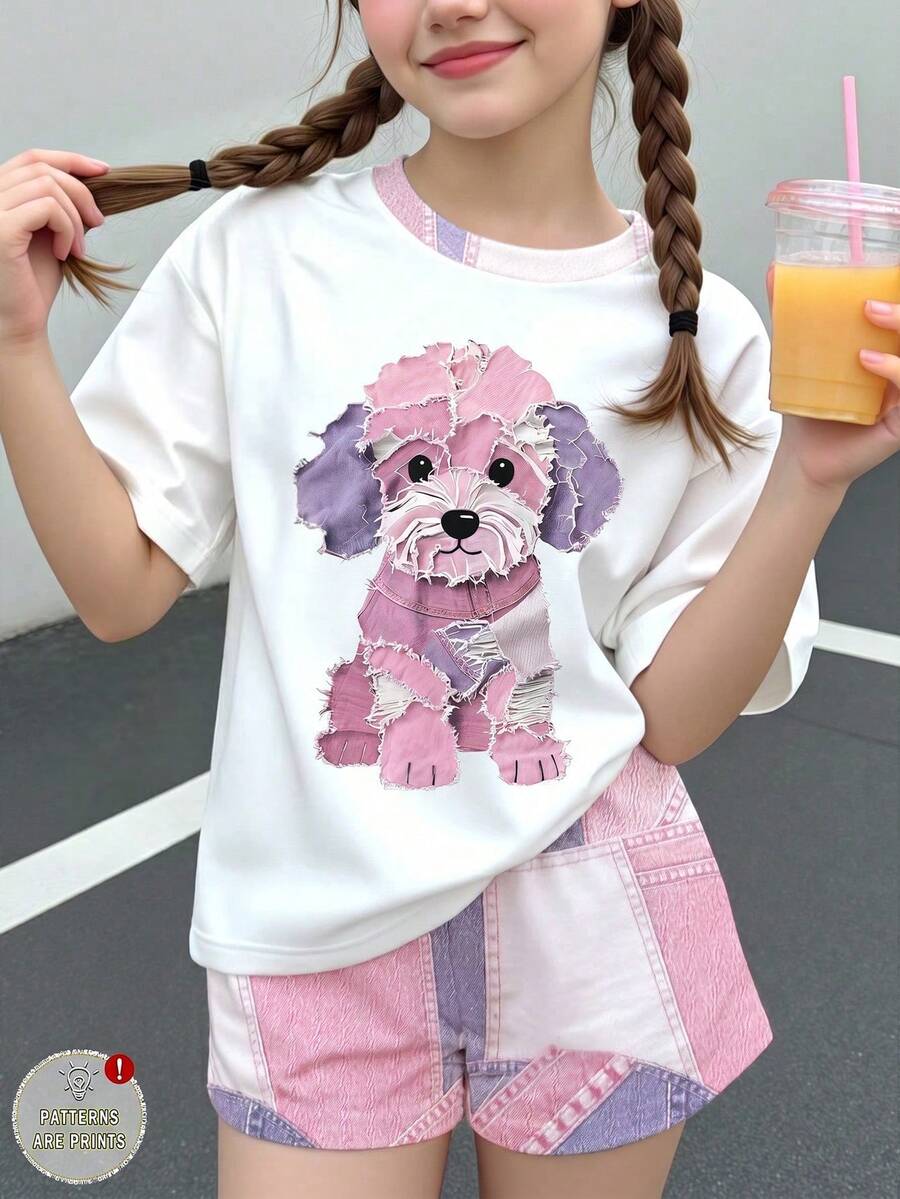 青少年女孩休閒極簡可愛個性化紋理小狗圖案短袖上衣與短褲兩件套,適合夏季,小狗圖案,圖案設計,日系可愛,女孩套裝,復古,返校季,海軍藍 - 彩色 - 查看 1
