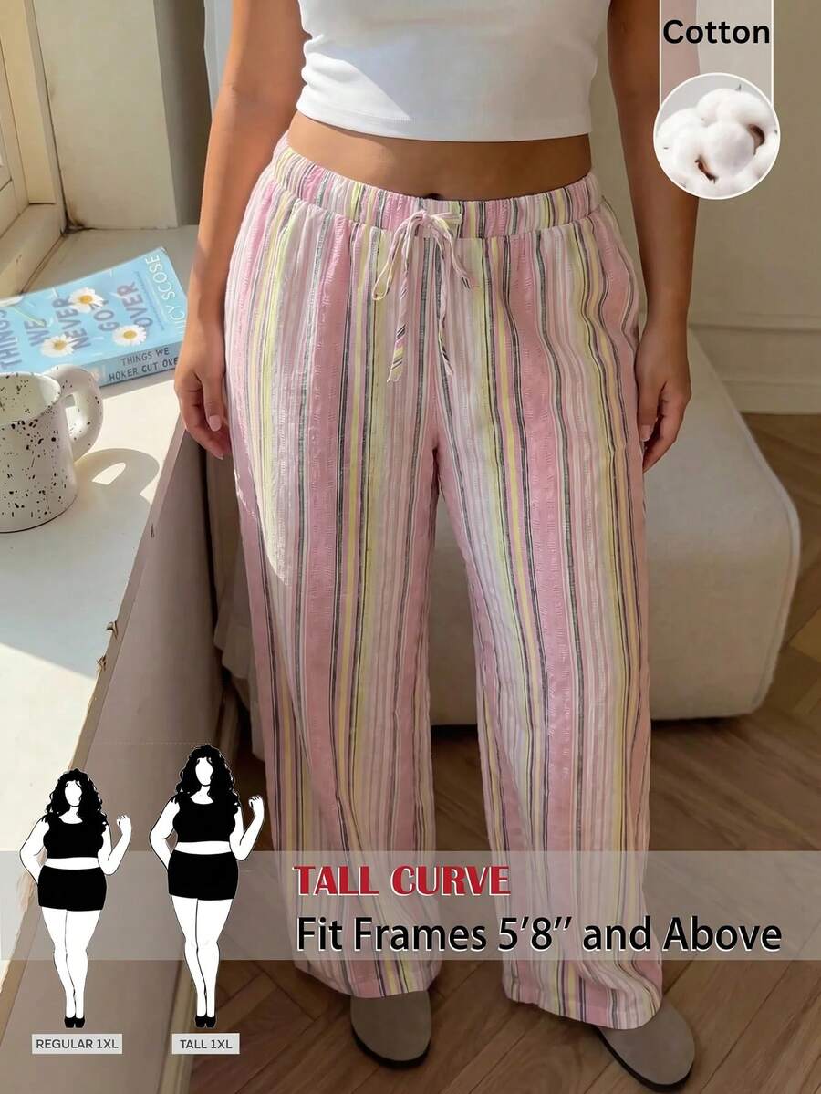 SHEIN Tall CURVE 大尺碼女款抽繩腰條紋拼接休閒寬腿長褲,適合日常穿著 - 彩色 - 查看 1