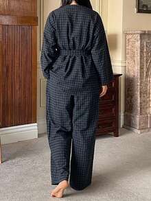 Dazy Plus 3-Piece Plaid Robe, Camisole And Long Pants Pajama Set, Spring Summer Autumn - Navy Blue - View 2