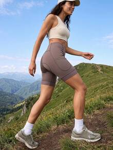 Exploreva Exploreva Women's Minimalist Sports Pocket Cycling Shorts Casual,Bike Ride Outfit - Brown - View 3