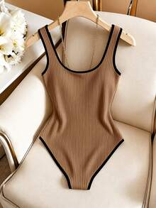 GlowEve CURVE Plus Size Elegant Casual Commute Travel Outfit Fashion Khaki Black Colorblock Decor Slimming Ribbed Bodysuit For Women - Khaki - View 2