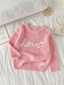 少女甜美時尚刺繡圓領長袖針織衫 - 粉色 - 查看 1
