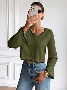Serisse Women's Colorblock V-Neck Casual Daily Long Sleeve Sweater - Army Green - View 3