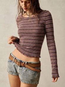 Bohemela Women's Striped Knit Long Sleeve Slim Fit T-Shirt - Burgundy - View 1