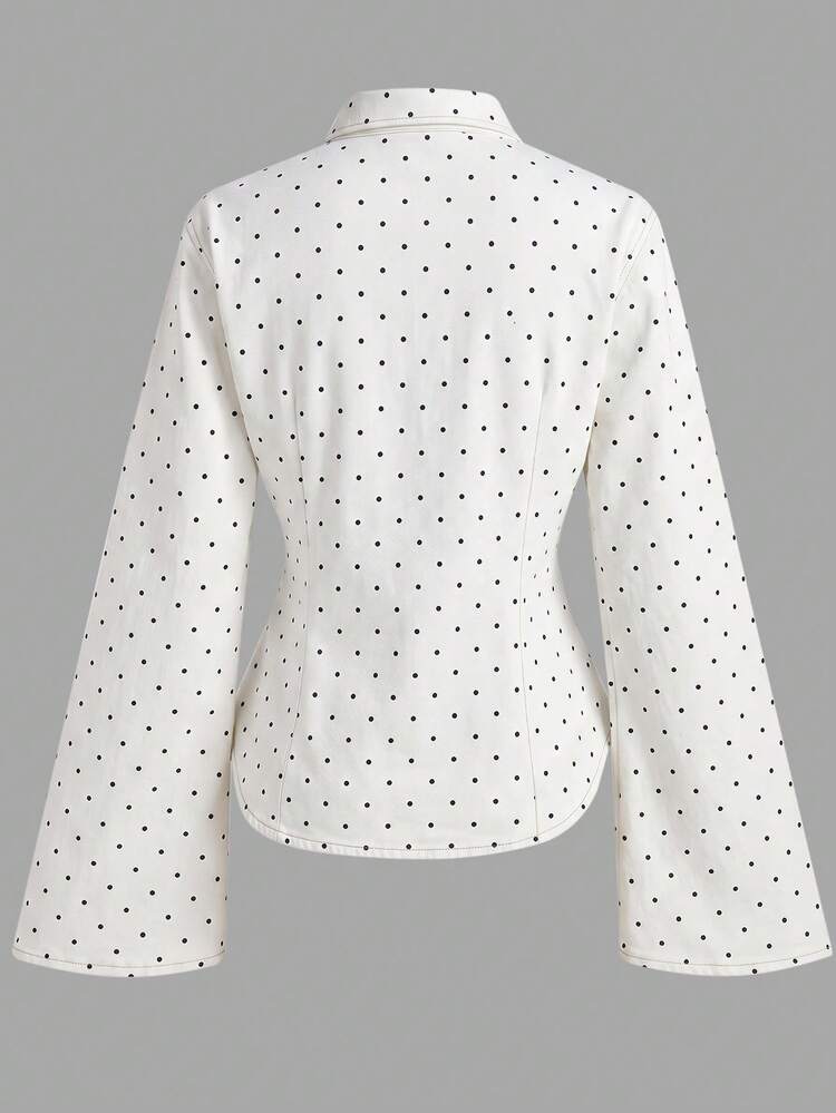 SHEIN MOD Women's Elegant Vintage Preppy White And Black Polka Dot Equestrian Embroidery Metal Button Denim Top Autumn Going Out School Teacher Tops - White - View 2