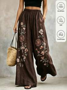 Zayélia Women's Summer Casual Daily Comfortable Floral Print Coffee Color Loose Long Pants - Coffee Brown - View 1