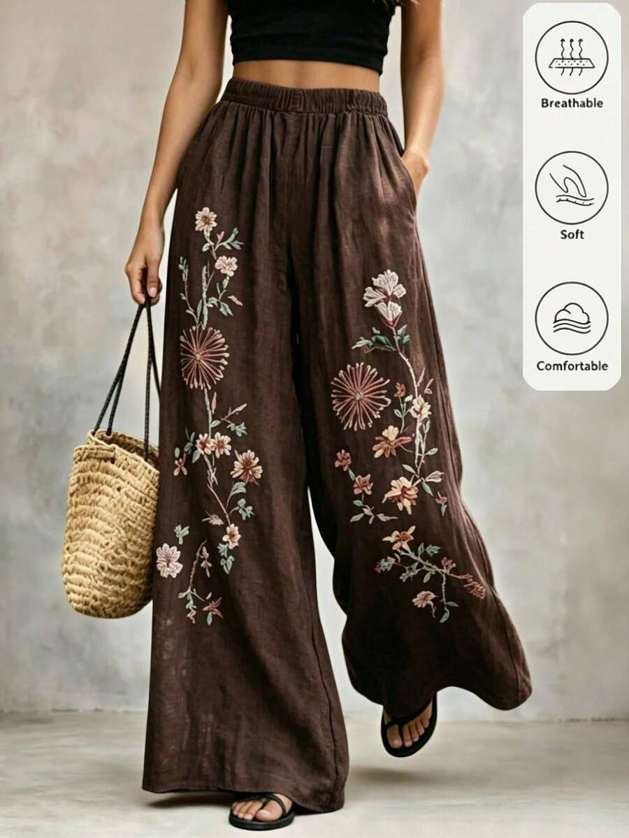 Zayélia Women's Summer Casual Daily Comfortable Floral Print Coffee Color Loose Long Pants - Coffee Brown - View 1