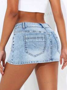 SHEIN PETITE 女款休閒街頭風日常城市度假通勤修身牛仔迷你裙，夏季，小個女款外出夜生活水藍色 - 淺色水洗藍 - 查看 2