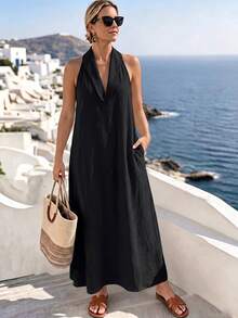 Breezaya Plus Size Women Solid Color Pocket Casual Daily Wear Dress Beach Vacation Black Summer - Black - View 5