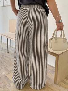 Dazy Plus Pantalones de pierna ancha sueltos con cintura elástica y bolsillos, talla grande, versátiles para primavera y verano - Blanco y Negro - Ver 2
