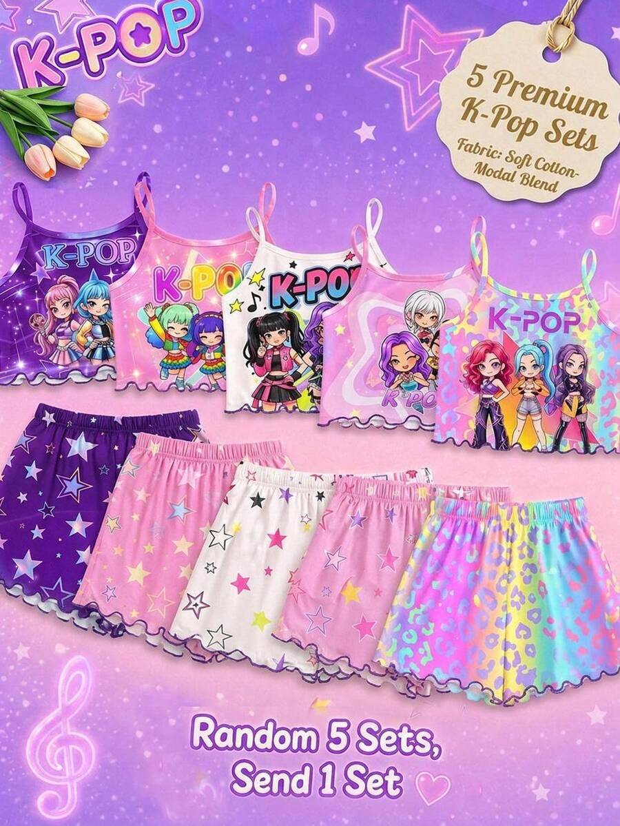 青少年女孩休閒修身卡通可愛女孩圖案細肩帶上衣與短褲家居服套裝,適合夏季居家穿著 - 彩色 - 查看 1