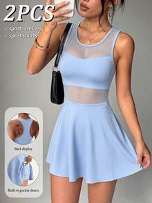 Slayform Slayform Spring/Summer Women's Sports Dress, Light Blue Sexy Rave Techno Front Contrast Mesh, Large Scoop Neck, Ruffle Hem, Separate Lining Shorts And Pockets - Blue - View 4