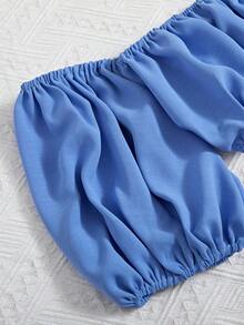 SHEIN Franclia 素色褶邊一字肩短款上衣和短褲 - 藍色 - 查看 6
