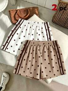 Tween Girl Elastic Waist Polka Dot Print Casual Shorts - Multicolor - View 2
