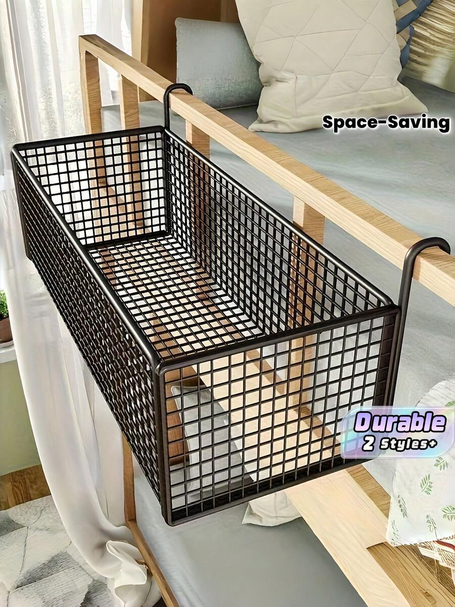 1Pc Black Metal Over The Door Hanging Mesh Storage Basket, Space Saving For Dorm Bedroom Closet - Multicolor - View 1
