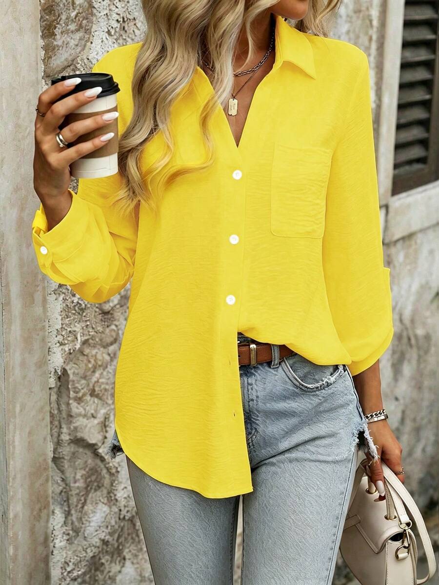 SHEIN PariChic Camisa minimalista de manga larga con bolsillo y botones de unicolor, casual para primavera y otoño para mujeres universitarias - Amarillo - Ver 1