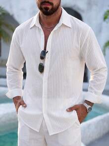 Manfinity Dauomo Men's Casual Textured Single-Breasted Long Sleeve Shirt - White - View 1