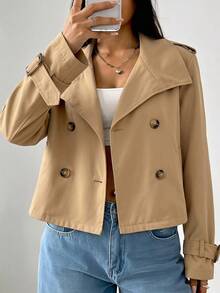 SHEIN EZwear 卡其色女款梭織雙排扣風衣 - 卡其色 - 查看 10