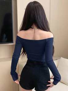 DAZY 女款方領修身T恤，性感風格 - 藏蓝色 - 查看 3