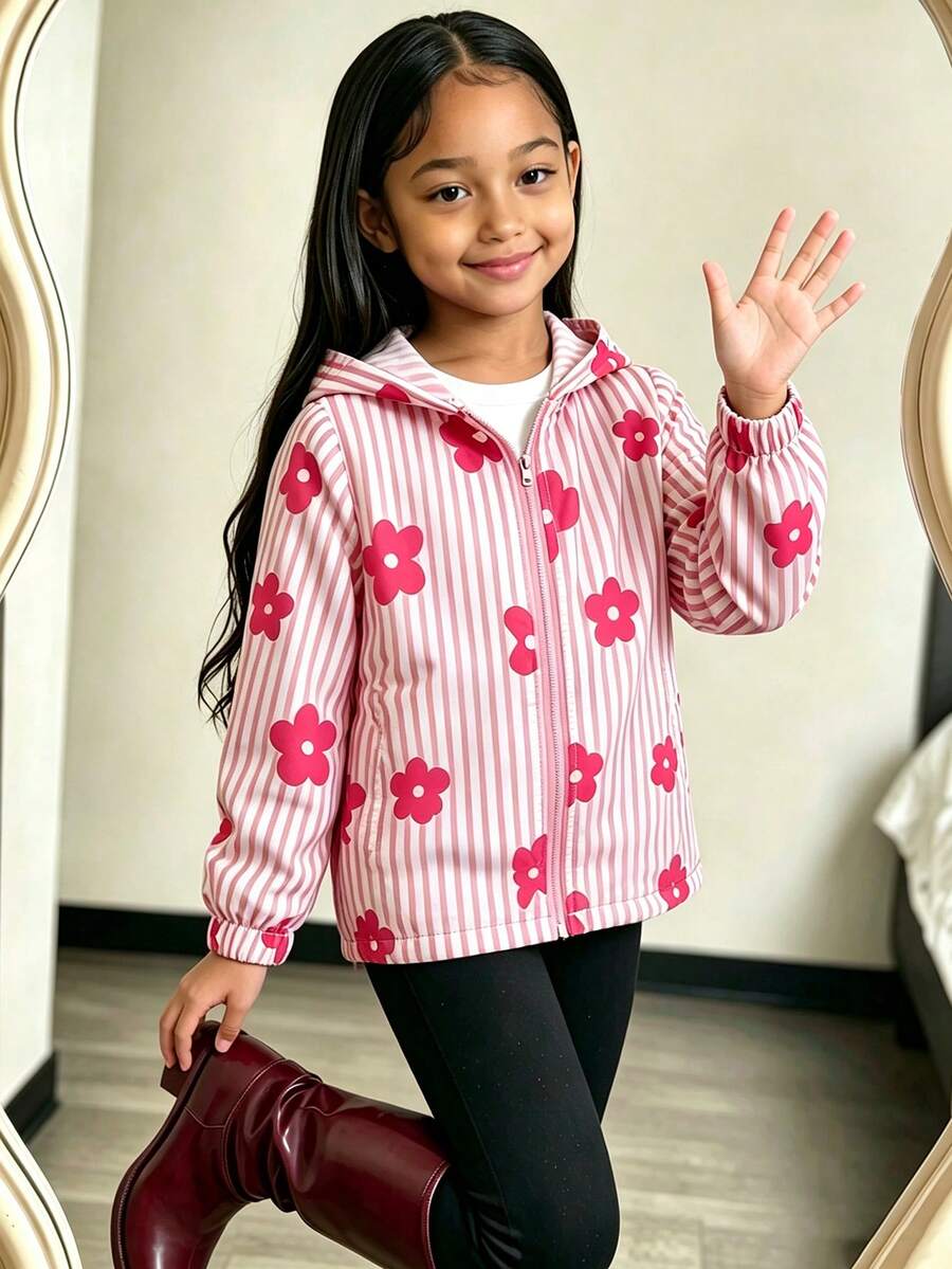 SHEIN Elladie kids 女童條紋花卉印花連帽休閒日常長袖外套 - 粉色 - 查看 1