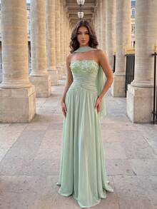 Poshira Women's Halter Neck Chiffon Maxi Dress With Beaded Bust And Flowy Hem, Suitable For Formal Occasions Floral Sequin Ribbon Design Strapless Elegant - Green - View 4