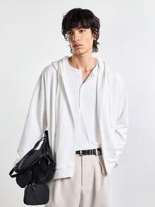 Merionis Men's High Cotton Content Soft And Comfortable Casual Basic Versatile Solid Color Hoodie Boxing Brunch Holiday White Autumn - White - View 6