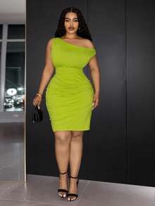 Slaydiva Summer New Elegant & Graceful Slim Fit Matcha Green Asymmetrical Shoulder Ruched Waist Metal Buckle Decor Bodycon Stretch Knit Fabric Women Plus Size Short Dress For Wedding, Friends Gathering, Elegant Party, Cocktail Party, Birthday Party, Date, Afternoon Tea, Brunch, Holiday, Girls Dinner, Vacation And More - Limelight Green - View 9