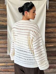 Dazy Plus Solid Color Loose Hollow Out Long Sleeve Casual Vacation Streetwear Autumn/Winter Pullover Knit Sweater - White - View 2