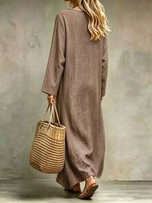 LUMIGAL Gaun Kasual Boho Wanita dengan Blok Warna dan Kantong, Cocok untuk Liburan Musim Gugur, Nuansa Cokelat. - Coklat - View 2