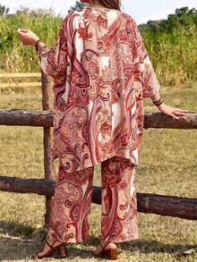 EMERY ROSE Plus Size Paisley Print Casual Vacation Top And Pants 2 Pieces Set Fall - Apricot - View 2