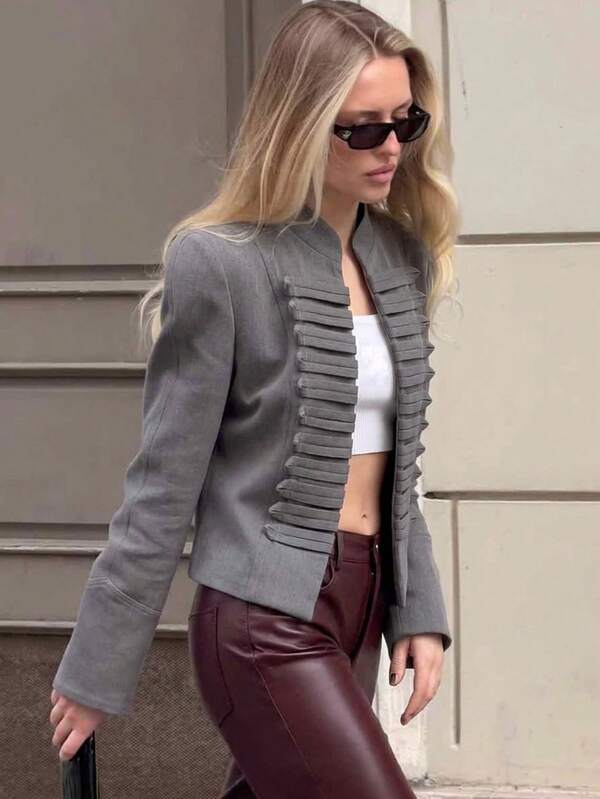 Siren Gaze 2026 Autumn New Stand Collar Napoleon Short Jacket, Women's Elegant Y2K Long Sleeve Short Coat, Fashion Street Style Outerwear With Ruffle Front