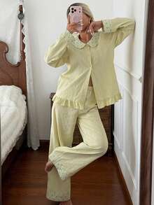 DAZY Women's Star Print Patchwork Top & Pants Pajama Set Fall - Green - View 5