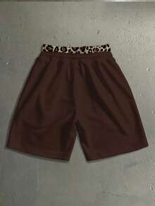 StoneGrade Men's Letter Print Leopard Print Patchwork Double Layer Waist Shorts - Brown - View 3