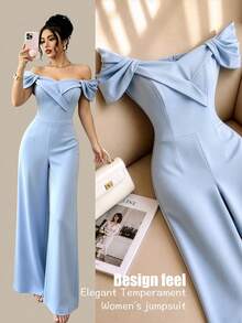 Elenzga Women's Light Blue Strapless Off-Shoulder Asymmetrical Design Pleated Cinched Waist Straight Leg Wide Leg Elegant Commute Vacation Sexy Jumpsuit, Spring/Summer - Blue - View 3