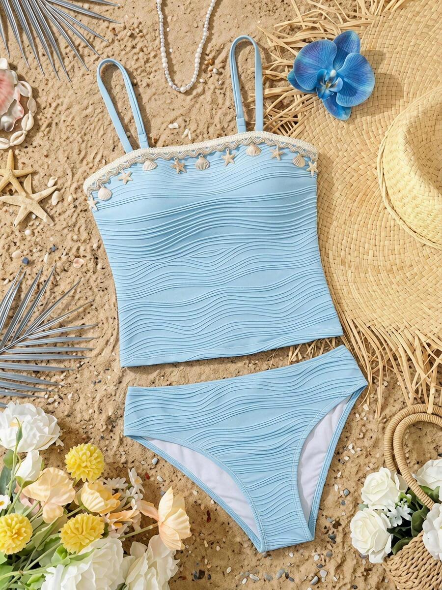 SHEIN Summer Tween Girls Camisole Bikini Set, Textured Fabric With Mesh Skirt, Beach Pool Casual Vacation, Spring/Summer - Baby Blue - View 1