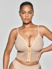 SHAPORA 1pc Plus Size Minimalist Mesh Wide-Fit Shaping Top - Apricot - View 5