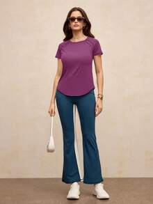 Activina Women's Solid Color Raglan Short Sleeve Casual Fitness Sports T-Shirt - Purple - View 5