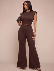 Radiana Curve Mono de mujer talla grande para otoño/invierno, sexy y elegante, con hombros acolchados, ajuste ceñido y pierna acampanada, adecuado para ir al trabajo, reuniones, fiestas y oficina - Marrón - Ver 4