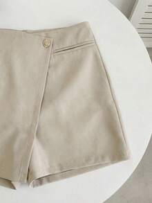 Franclia Women's Elegant High-Waisted Apricot Suit Shorts,Summer Casual Office Work Attire,Irregularly Designed Wide-Leg A-Line Culottes,Metallic Trim - Apricot - View 3