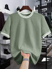 Manfinity Homme Camiseta de punto jacquard de unicolor con textura en cuello y puños acanalados para hombre - Verde - Ver 3