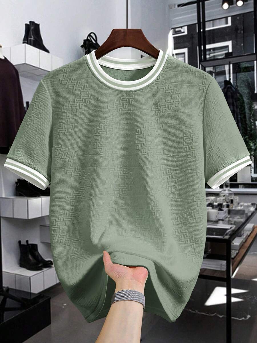 Manfinity Homme Men's Knitted Jacquard Solid Color Textured Collar And Cuffs Ribbed T-Shirt - Green - View 1