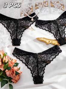 SHEIN 3pcs Women's Sexy Lace Metal Buckle Thong - Black - View 4