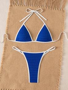 Costavie Bonvoyette Summer Beach Edging Texture Deep V Cold Shoulder Sexy Bikini Swimwear Set - Blue - View 5
