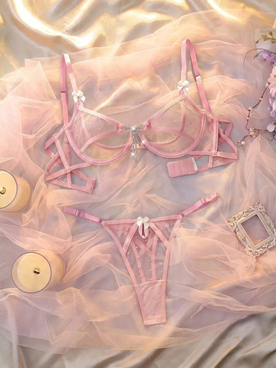DelicateAllure 女款蝴蝶結裝飾性感內衣套裝 - 粉色 - 查看 1