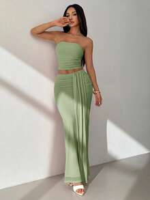 SHEIN PETITE Set Atasan Jala Model Bandeau & Rok Pinggang Rendah - Mint Green - View 5