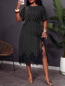 Reflora Plus Size Women Polka Dot Print Round Neck Short Sleeve Lace Hem Elegant Dress - Black and White - View 9