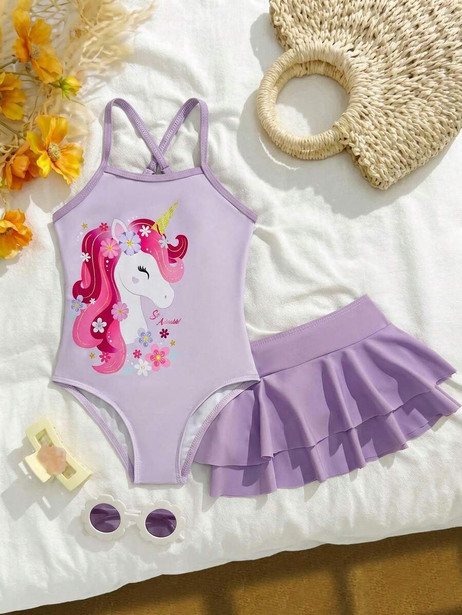 SHEIN 少女印花連身泳衣搭配素色裙子 - 淡紫色 - 查看 1